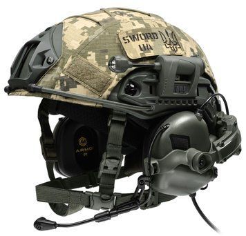 Шолом балістичний каска FAST Helmet NIJ IIIA олива+Тактичні навушники М32+кавер піксель+ліхтарик Розмір М FOM11900M32 фото